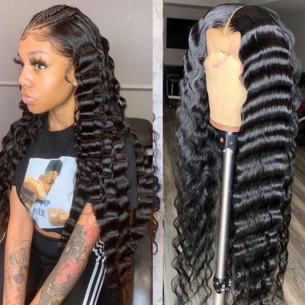 22" Natural Black Deep Waves Front Lace Wig Unit
